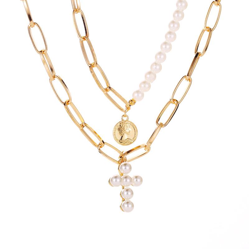Necklace Exaggerated Pearl Cross Necklace Women's Thick Chain Multi-layer Disc Portrait Pendant
