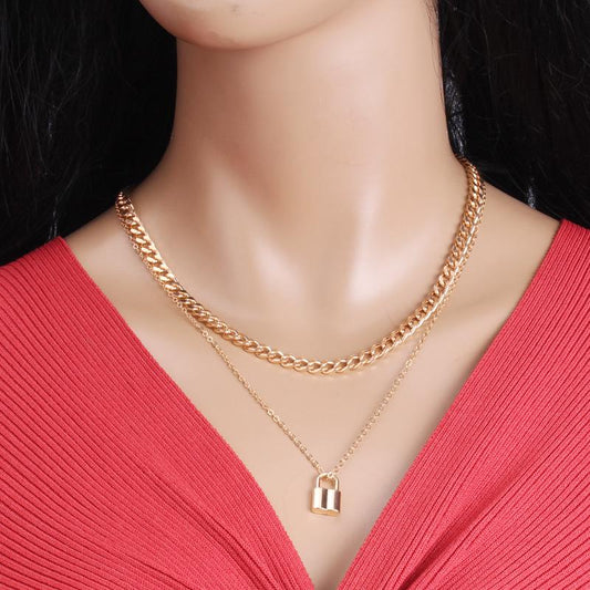 Necklace female clavicle chain niche trendy ins simple cold hip-hop padlock double-layer set chain bouncy di net red accessories