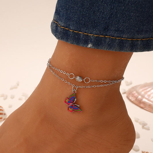 Ins dream dripping oil butterfly double-layer anklet female Bohemia butterfly pendant anklet beach foot jewelry