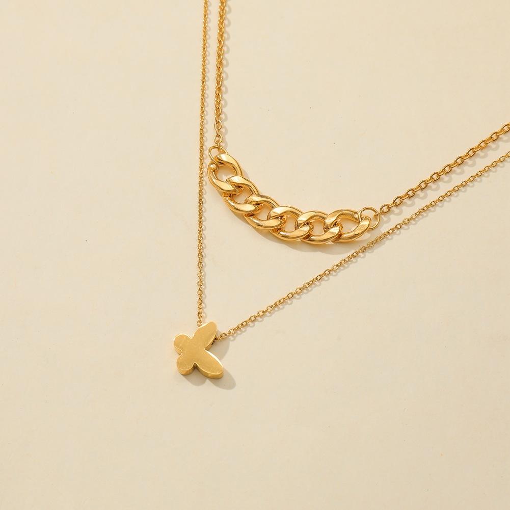 Ins niche simple titanium steel real gold butterfly pendant fashion chain collarbone necklace double layer necklace