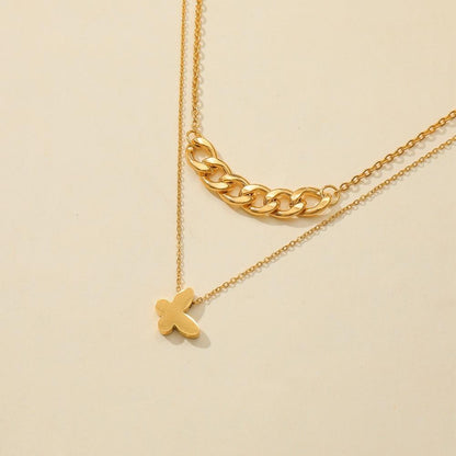 Ins niche simple titanium steel real gold butterfly pendant fashion chain collarbone necklace double layer necklace