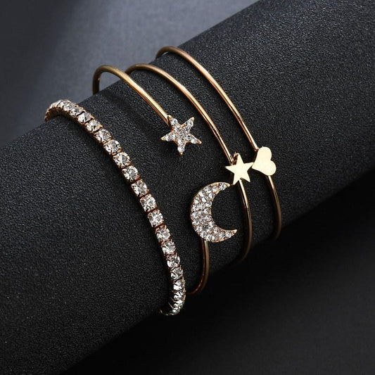 Gold Plated Heart Moon Star Diamond Bracelet For Women