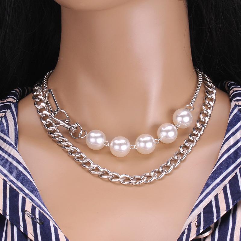 Fashion Exaggerated Large Imitation Pearl Beaded Clavicle Chain Costume Accessories Two-Piece Necklace