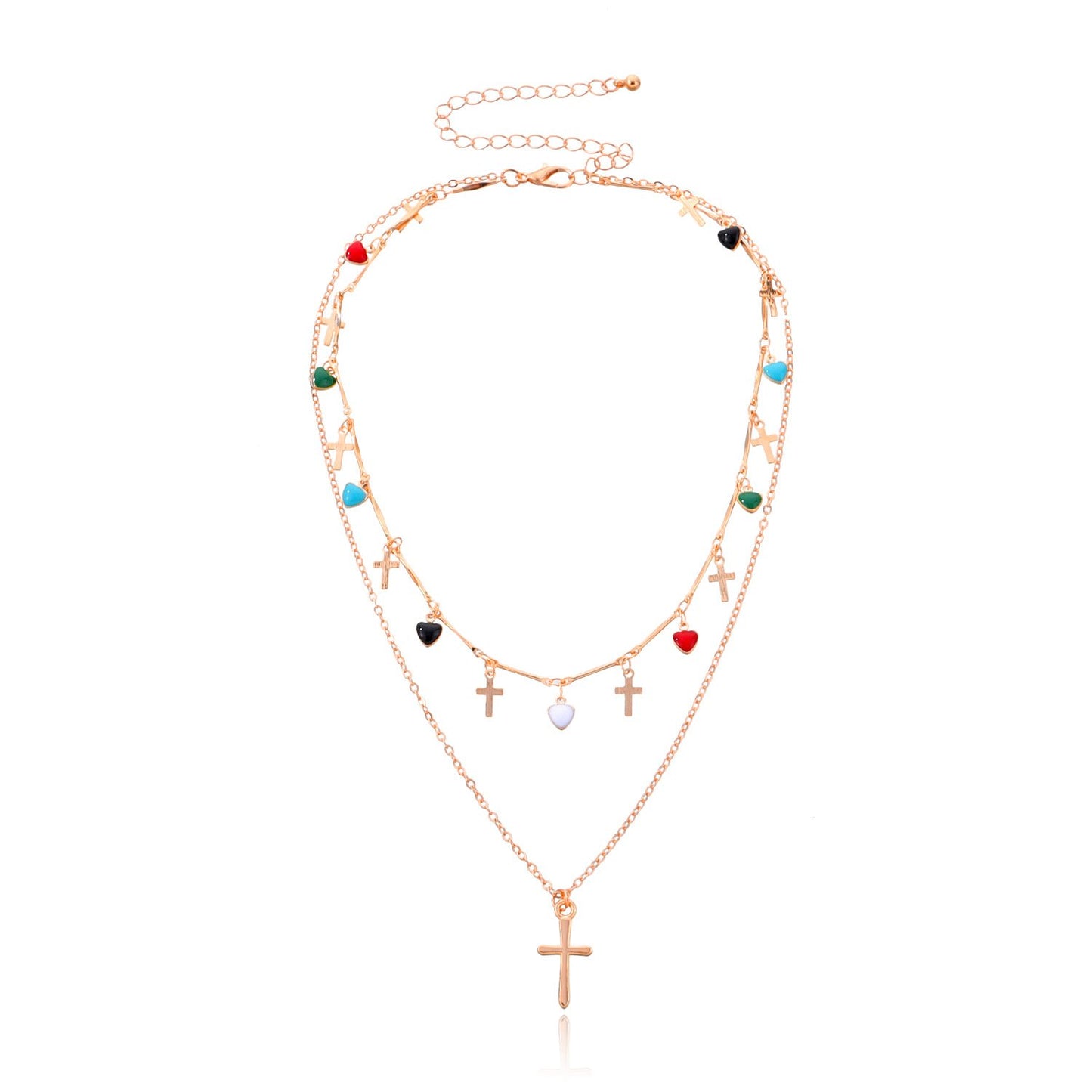 Jewelry Fashion Simple Cross Pendant Female Drop Glaze Heart Colorful Gemstone Tassel Necklace