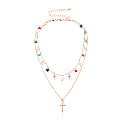 Jewelry Fashion Simple Cross Pendant Female Drop Glaze Heart Colorful Gemstone Tassel Necklace