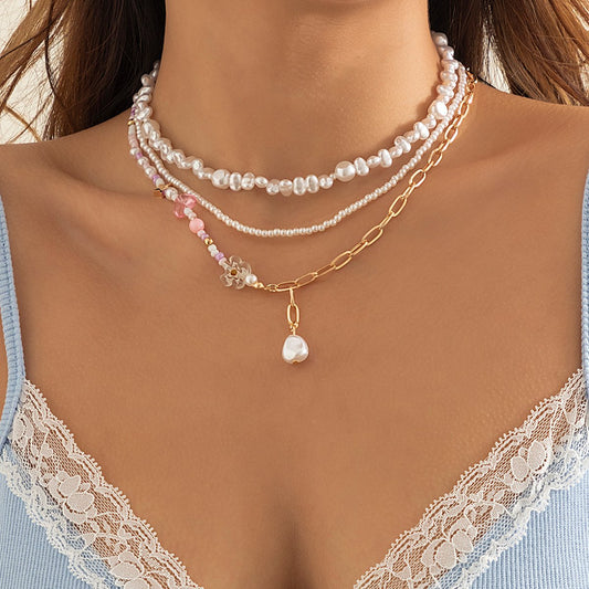 Imitation Pearl Woven Retro Versatile Flower Clavicle Chain Minor Stitching Chain Acrylic Heart Necklace