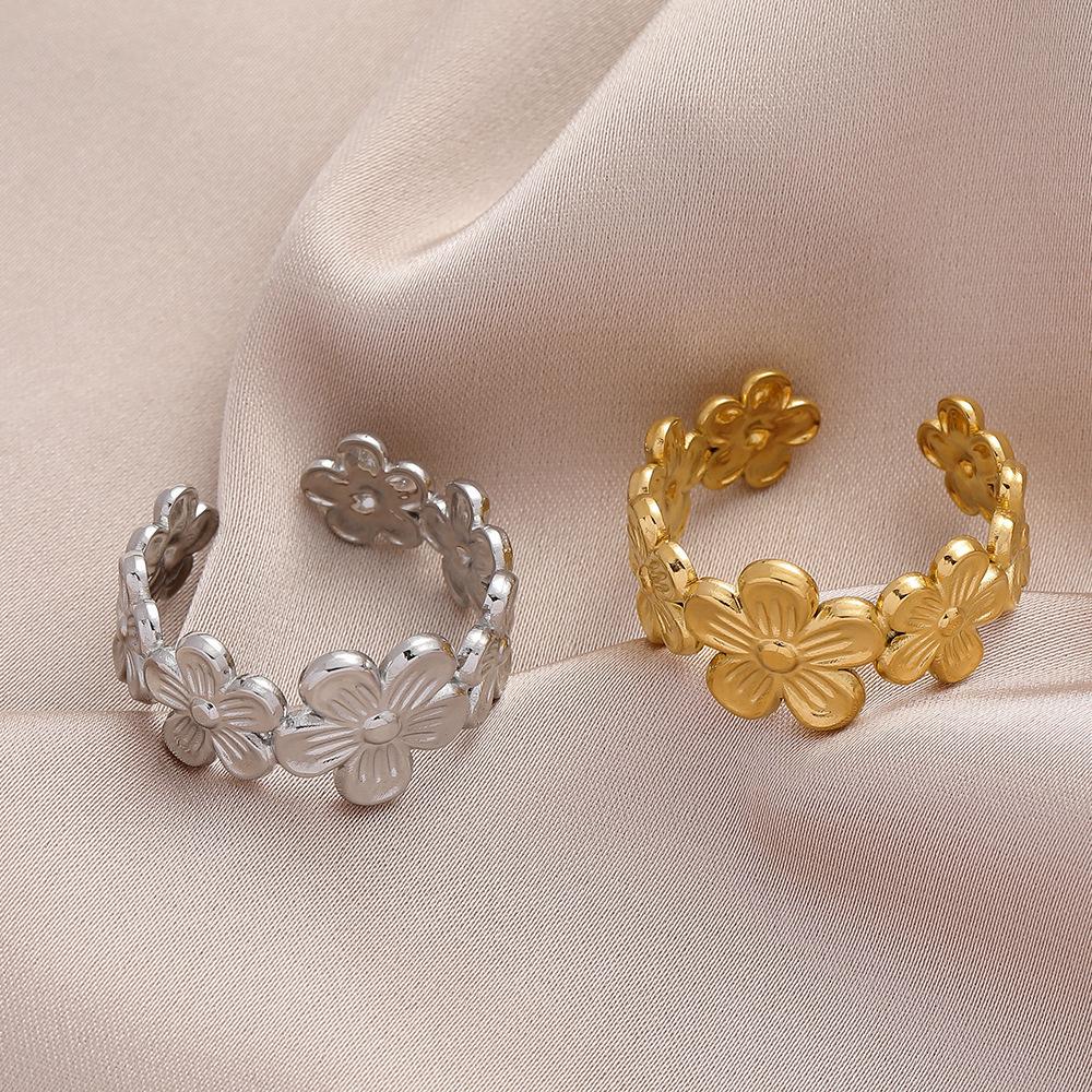 Fashion simple flower stainless steel open ring personality trend titanium steel ring jewelry