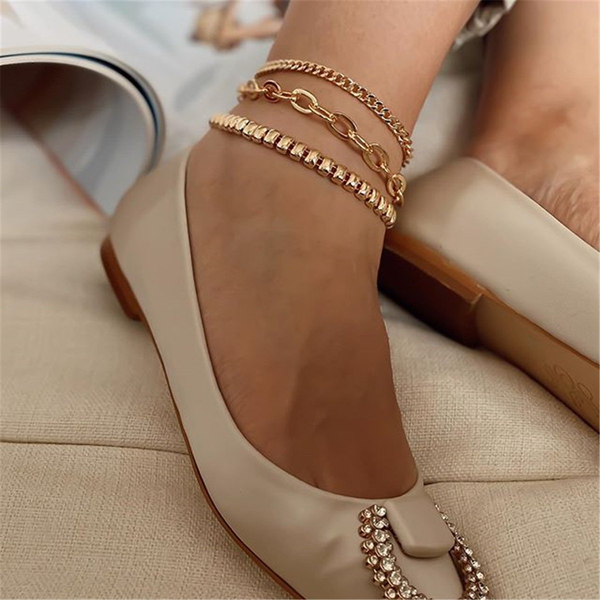 Popular summer beach electroplating KC gold anklet accessories 3 layers anklet for women