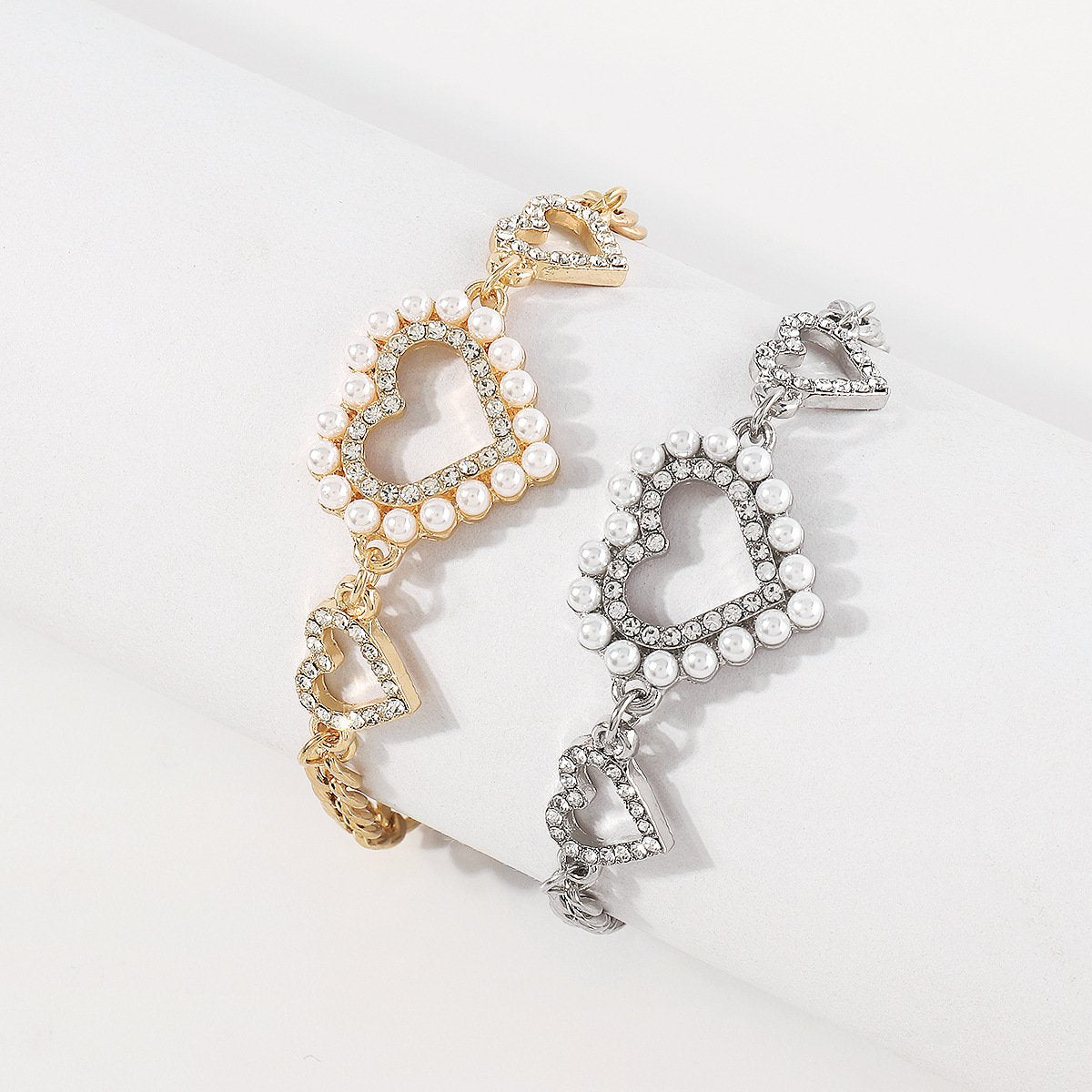 B1952 personality niche geometric bracelet hollow heart imitation pearl rhinestone temperament simple chain bracelet