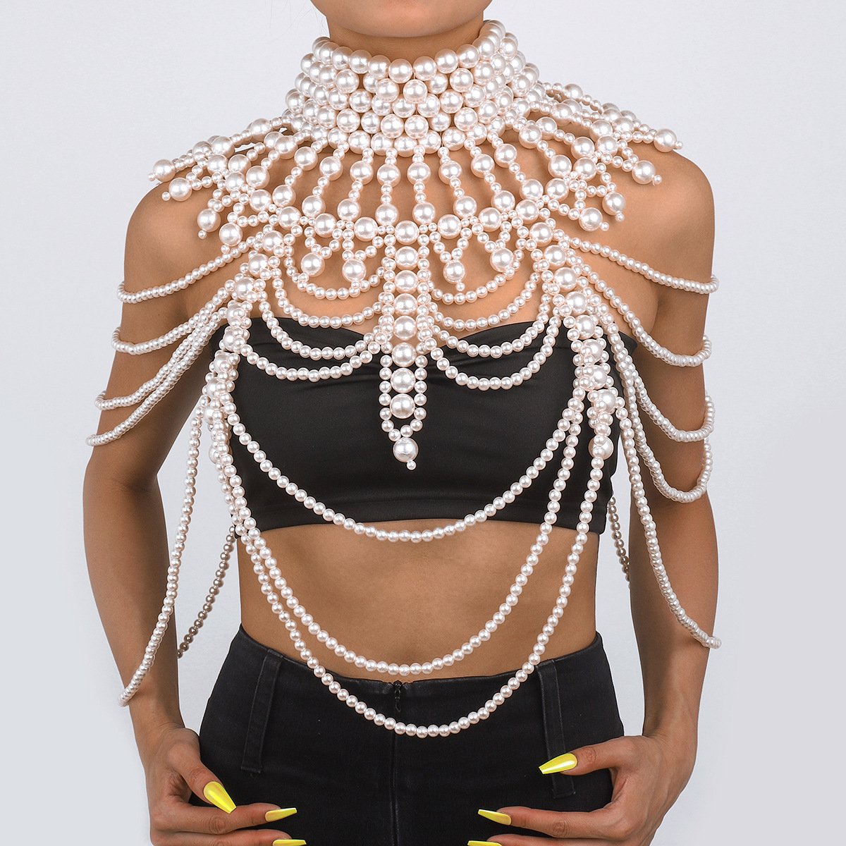 C419 Retro Exaggerated Heavy Industry Pearl Shawl Layered Tribal Hollow Weave Sexy Body Chain