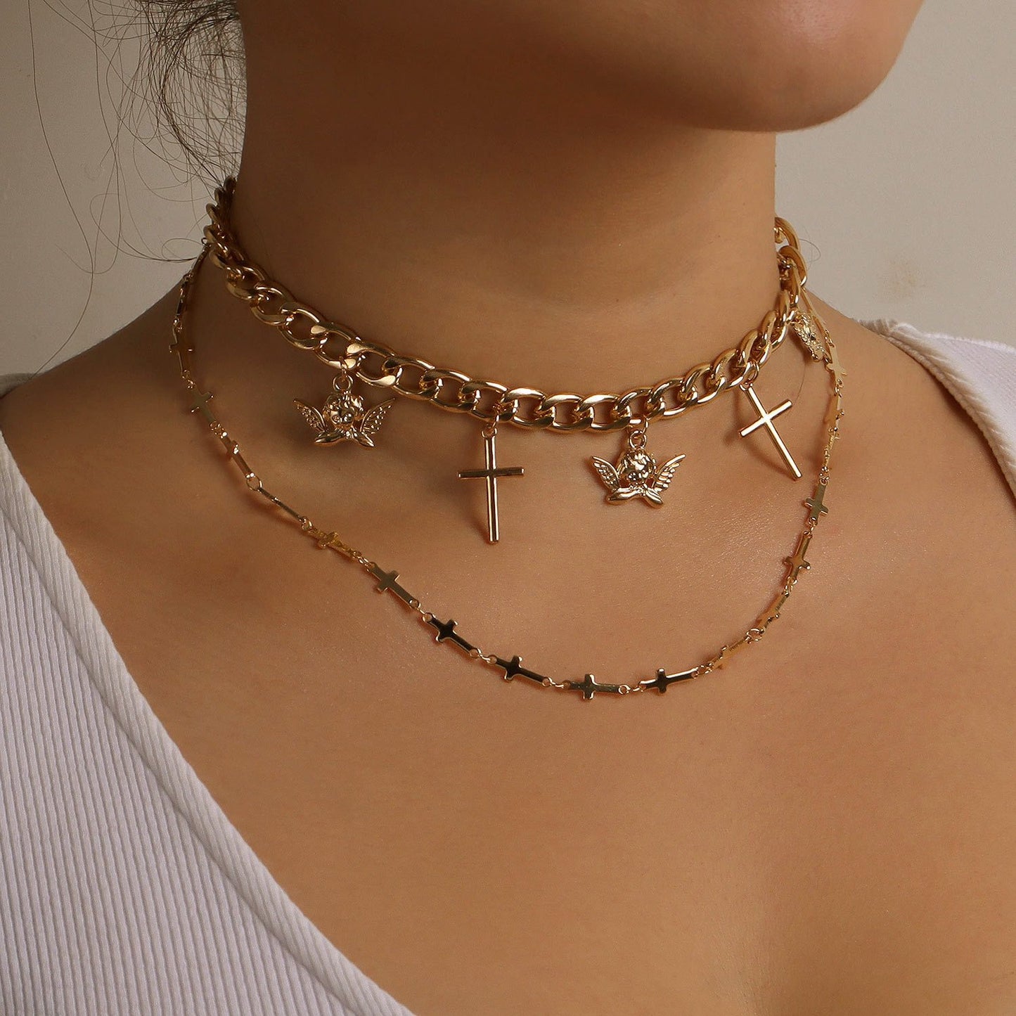 Jewelry Cross Angel Wings Pendant Necklace Double Layer Fashion Trend Metal Necklace
