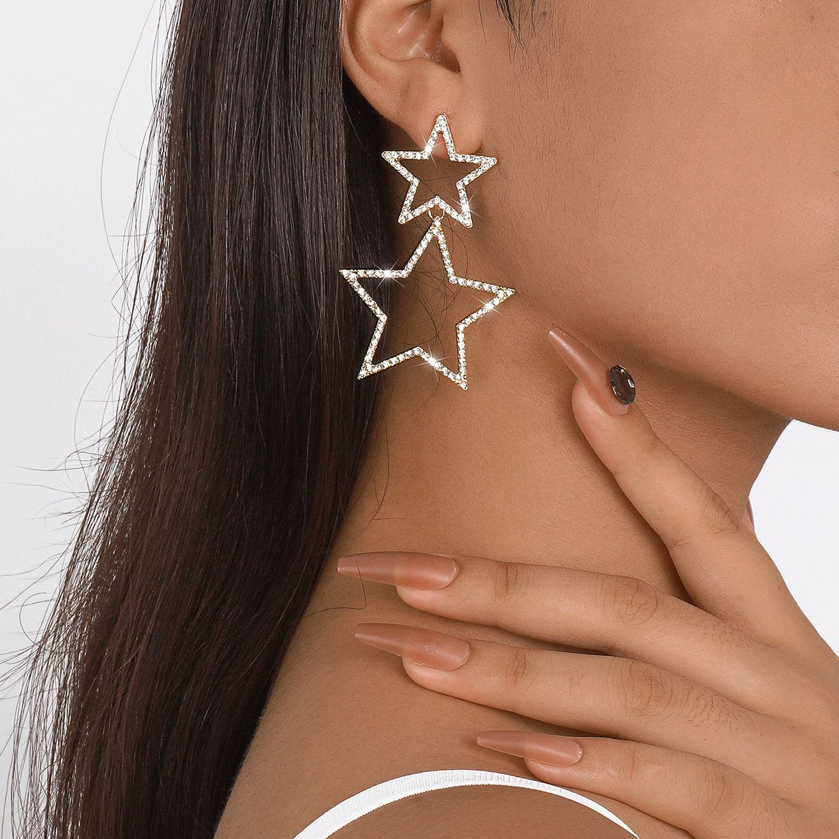 E1682 Sexy women's group fashion rhinestone earrings pentagram double-layer personality fashion temperament earrings