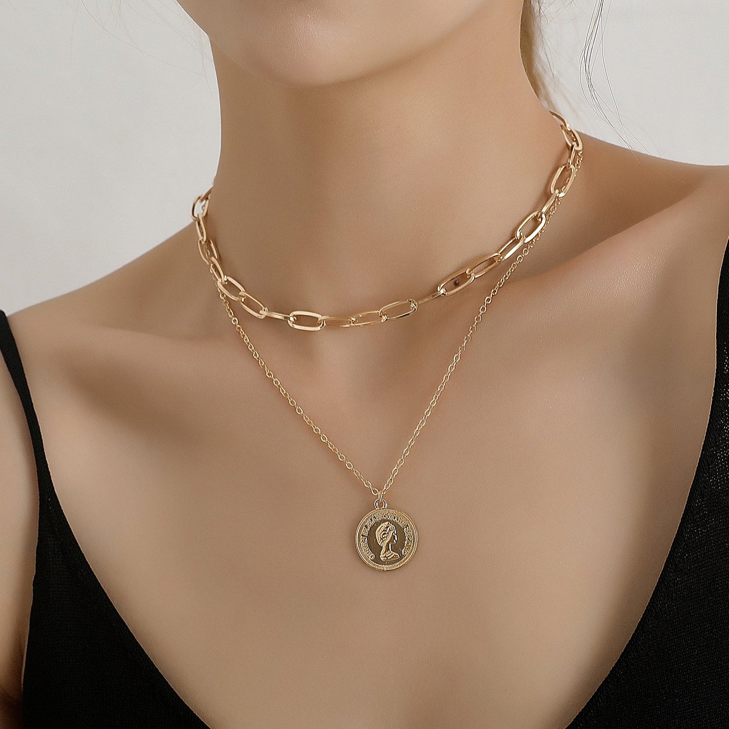 Jewelry Fashion Geometric Chain Double Layer Necklace Female Punk Street Beauty Avatar Round Card Necklace