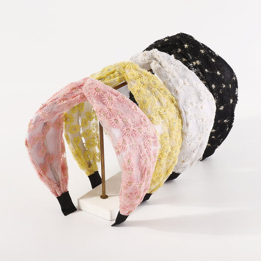 F5111 Sweet cool lace cross fashion headband small fresh flower embroidery daisy fabric net red headband