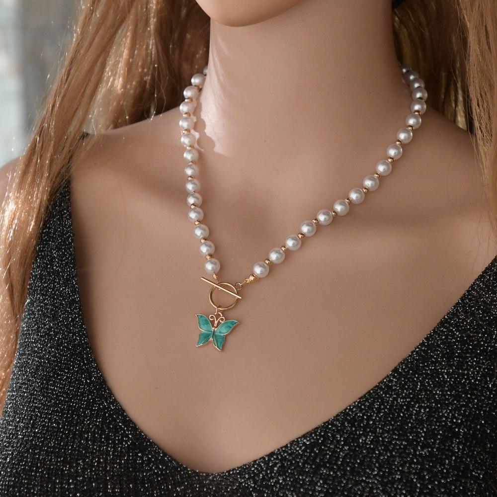 Simple Super Fairy Pearl Necklace Fashion Drop Oil Alloy Butterfly Necklace Ladies Jewelry
