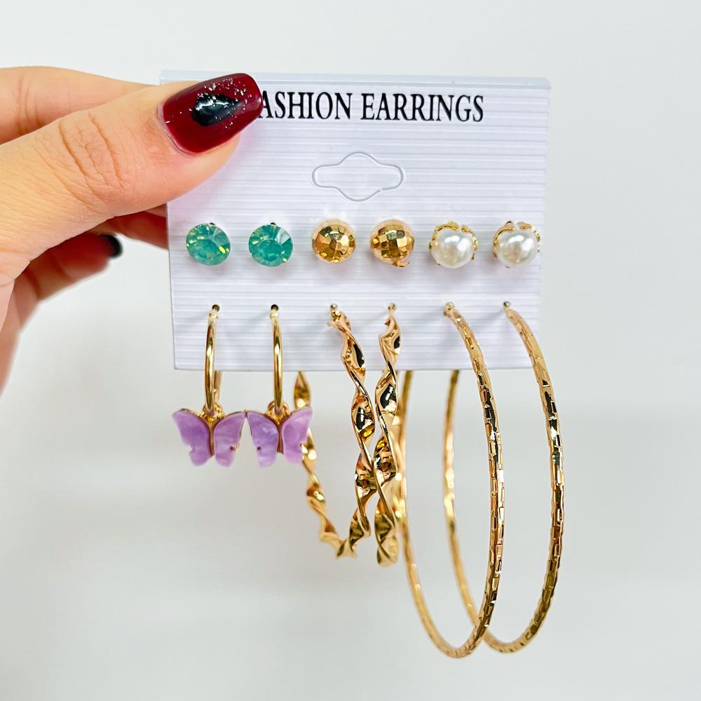 Pearl Earring Set Fashion Butterfly Earrings Metal Geometric Hoop Earrings Six-Piece Set