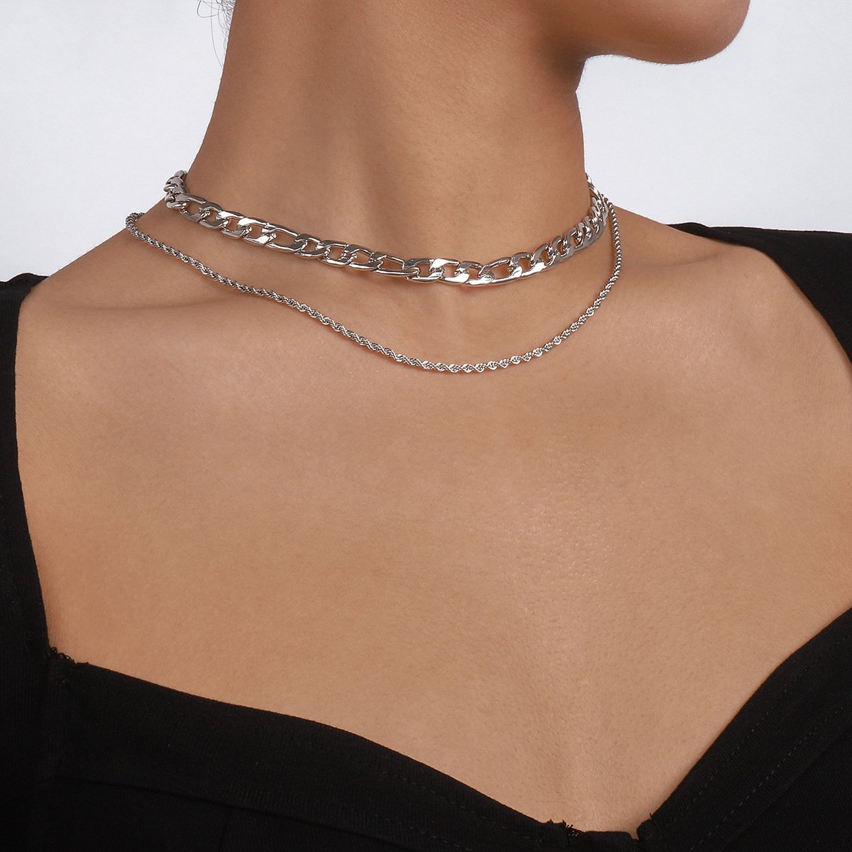 N8889 double-layer stacked necklace Cuban chain hip-hop punk necklace niche geometric personality clavicle chain