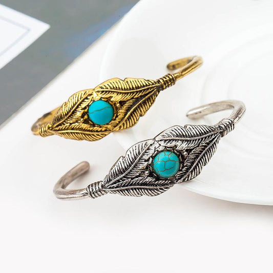 Vintage Turquoise Feather Leaf Cuff Bracelet