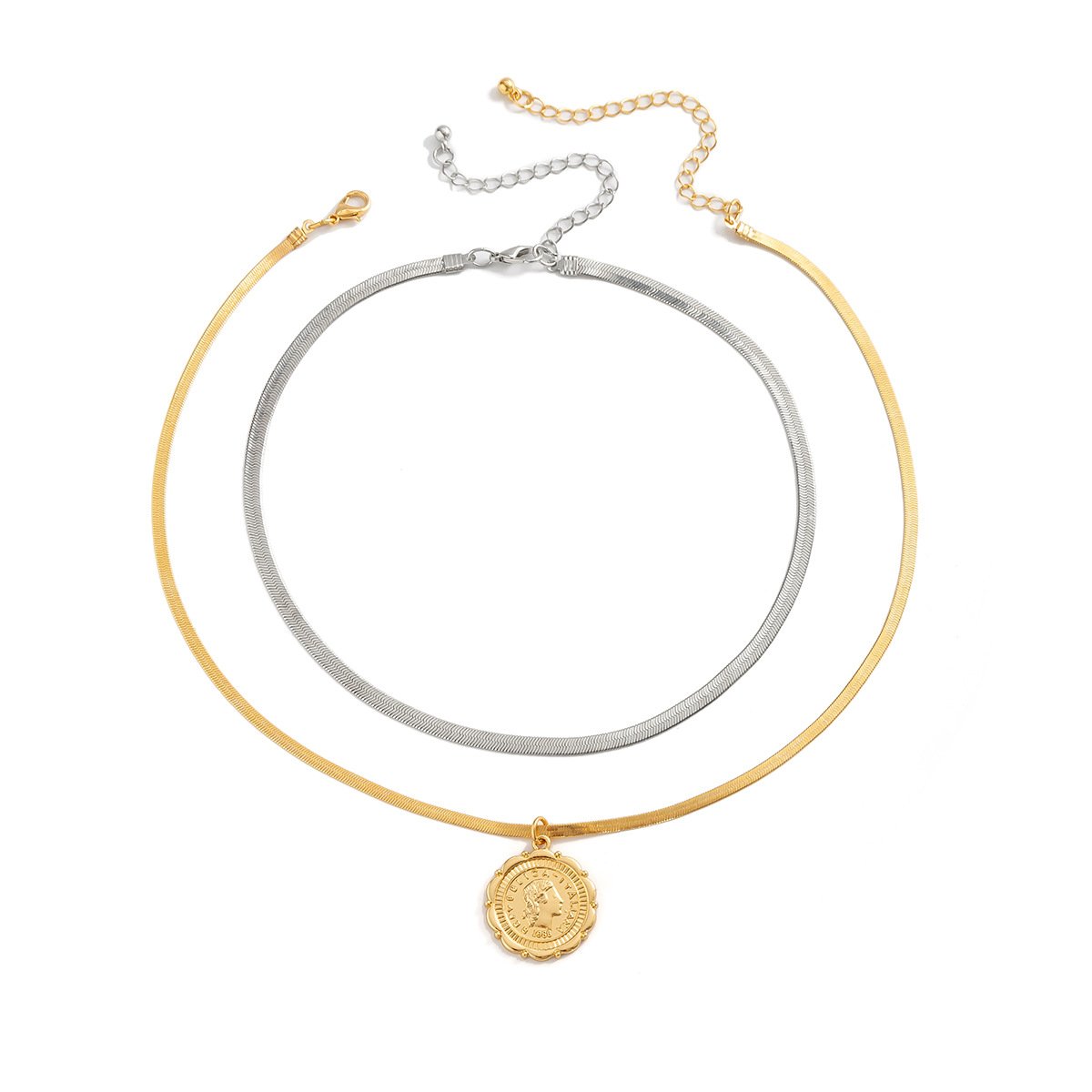 Jewelry Creative Portrait Retro Three-dimensional Necklace Simple Contrasting Color Double Snake Bone Chain Necklace Female