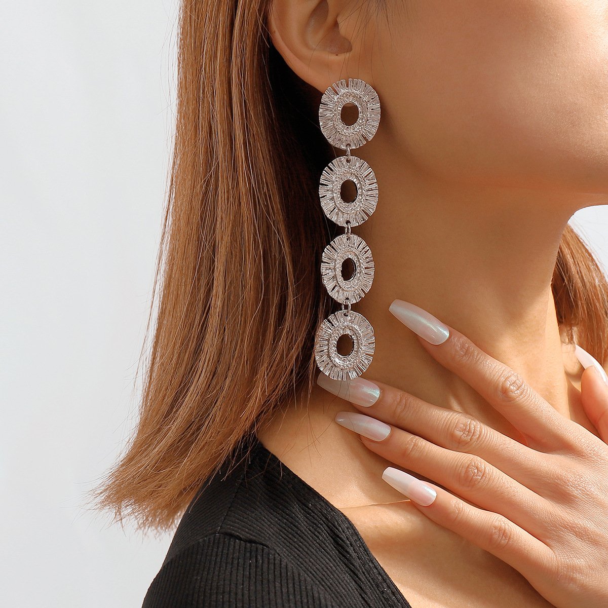 1121ZA exaggerated heavy industry metal earrings long circle earrings geometric irregular layered earrings