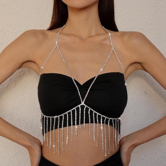 C289 Exaggerated Beach Bikini Sexy Body Chain Fashion Metal Tassel Diamond Temperament Chest Chain