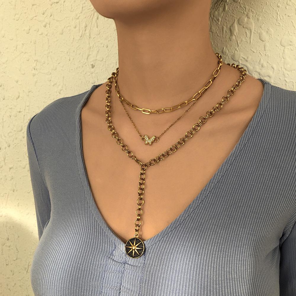 N8872 Baroque retro multi-layer necklace women's full diamond butterfly octagonal punk chain exaggerated pendant necklace