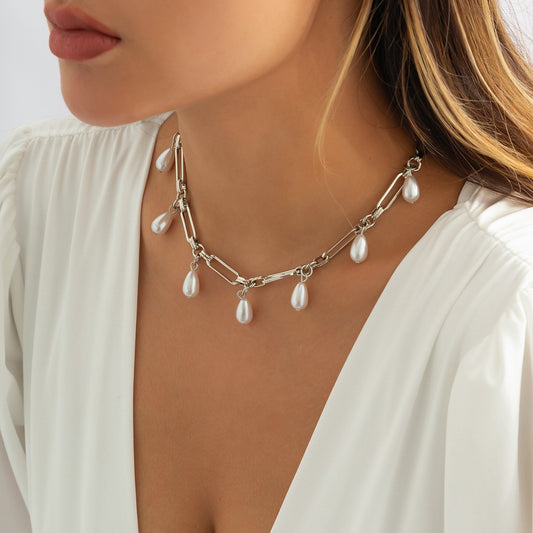Jewelry Versatile Water Drop Imitation Pearl Necklace Clavicle Chain Metal Geometric Chain Simple Necklace