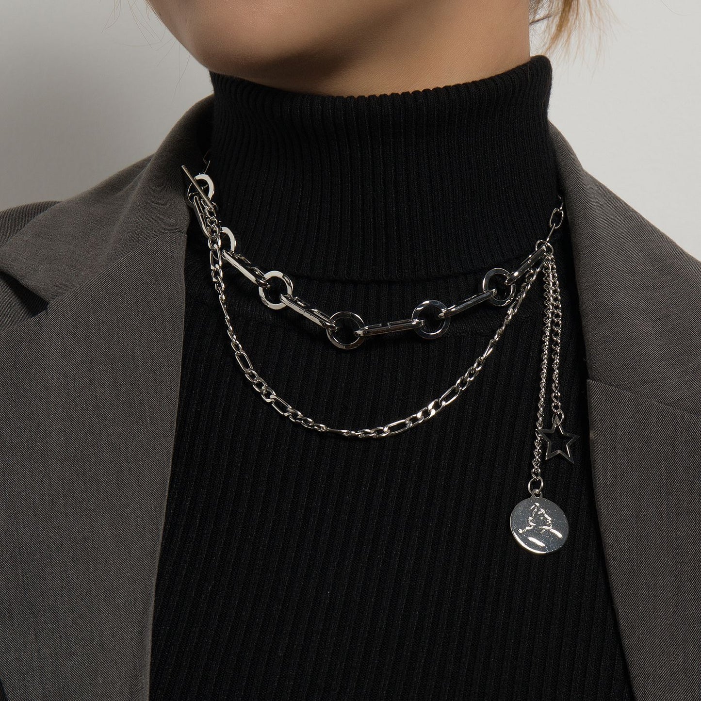 Jewelry fashion trend hip-hop ins multi-layered wearing round card pendant personalized splicing necklace