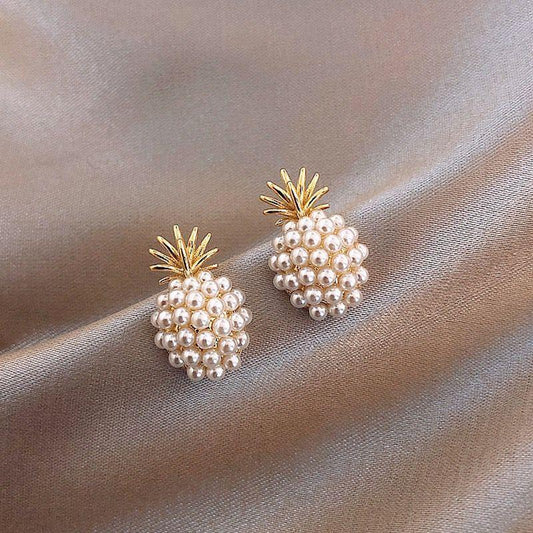 S925 Silver Pineapple Pearl Earrings French Retro High-end Earrings Net Red Temperament Women's Trendy Earrings Silver Needles