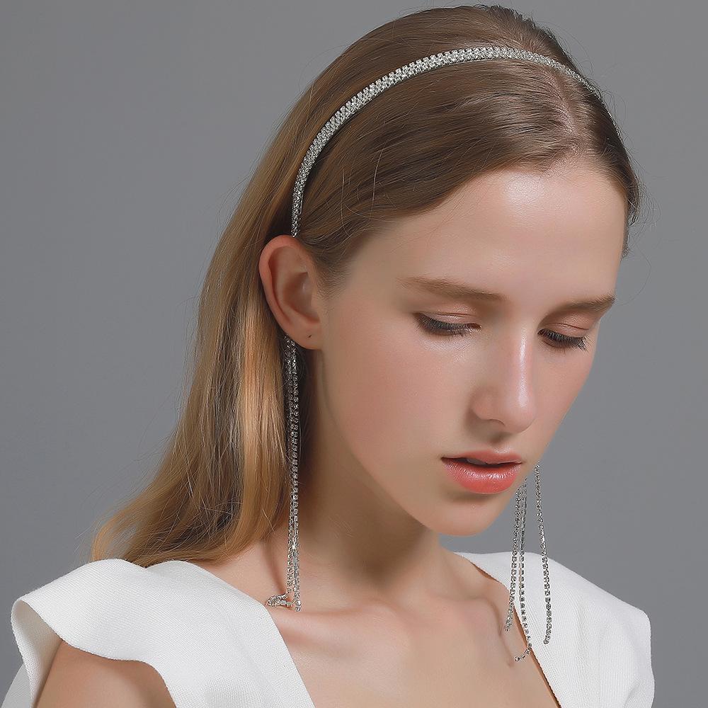 Celebrities with the same style of claw chain headband temperament Internet celebrity headband personality fairy fake earrings headband tassel rhinestone headband