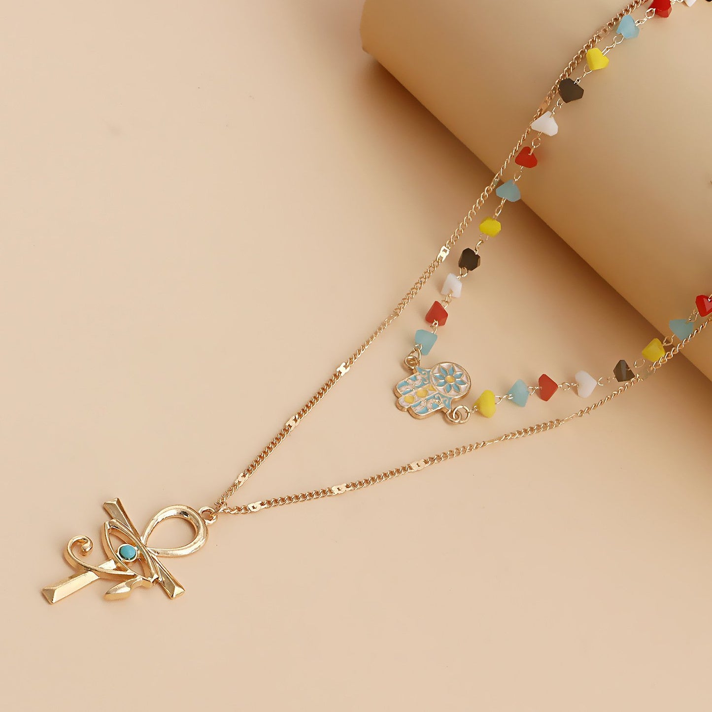 Jewelry trend double-layer color crystal stone cross necklace female niche high-end necklace light luxury