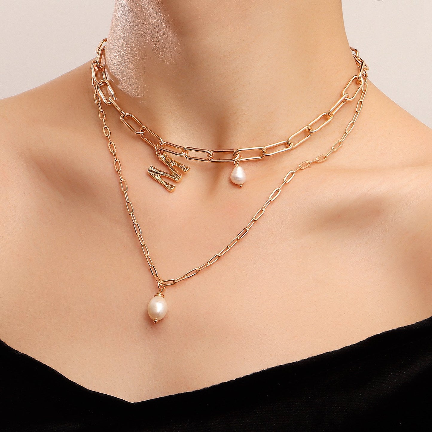 Jewelry punk double imitation pearl letter M pendant necklace female clavicle chain ins necklace