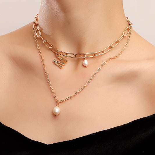 Jewelry punk double imitation pearl letter M pendant necklace female clavicle chain ins necklace