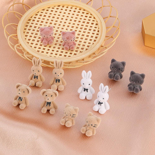 Cartoon cute flocking bear earrings 925 silver needle plush rabbit cat earrings autumn and winter ear accessories for women