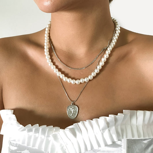 Jewelry Temperament Imitation Pearl Portrait Set Necklace Female Retro Thin Chain Stacked Geometric Necklace