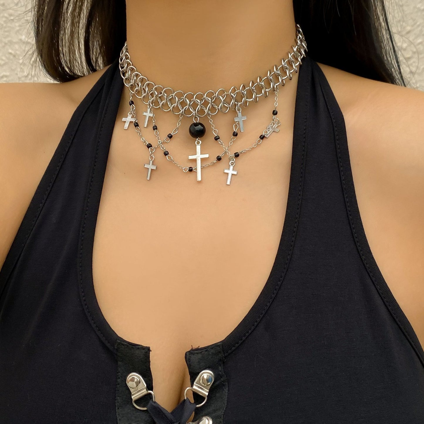 Jewelry fashion heavy industry metal chain necklace punk multi-layer meniscus cross necklace female