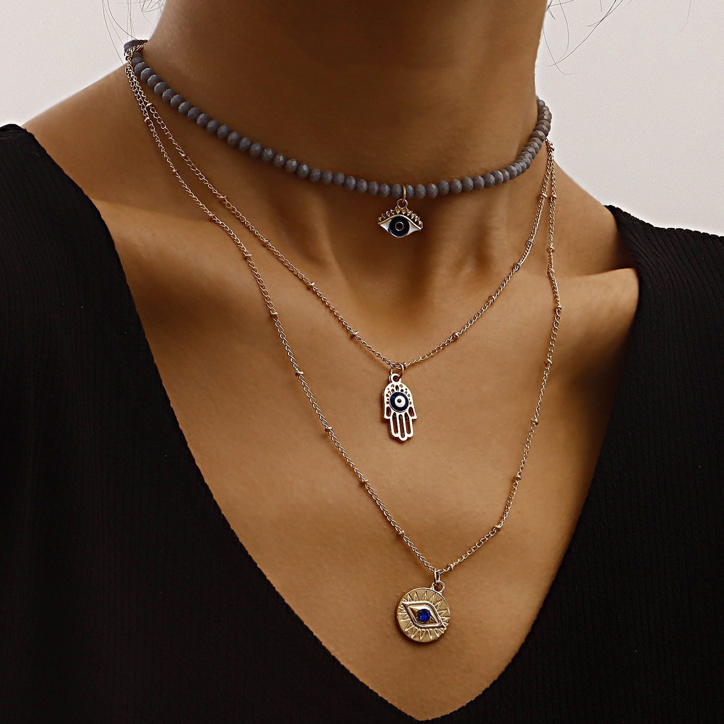 Jewelry trend multi-layer gray rhinestone blue devil's eye pendant necklace female personality necklace
