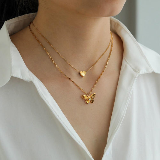 Ins niche light luxury titanium steel gold-plated double-layer necklace three-dimensional butterfly love pendant collarbone necklace