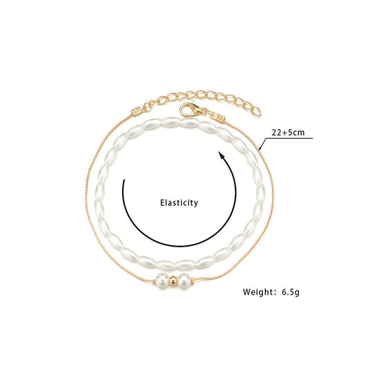 Fashion Chain Elastic Thread Double Layer Anklet Elegant Temperament Imitation Pearl Anklet Accessories