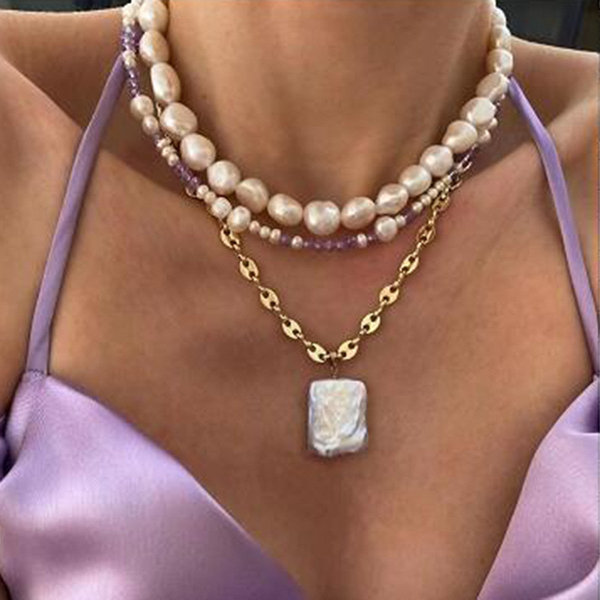 N1525 Bohemian ethnic multi-layer pearl necklace exaggerated temperament geometric stacked necklace female