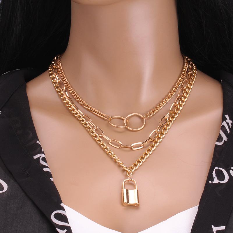 Jewelry Personality Ring Decorative Necklace Hip-Hop Rock Trend Padlock Accessories Multi-layer Set Chain