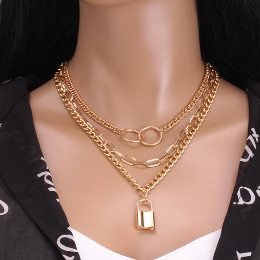 Jewelry Personality Ring Decorative Necklace Hip-Hop Rock Trend Padlock Accessories Multi-layer Set Chain