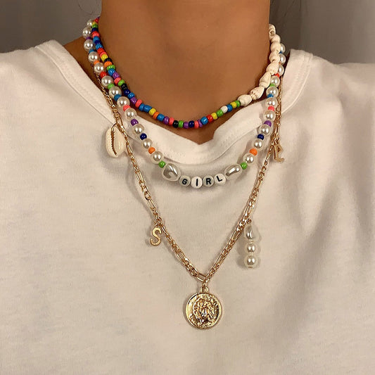 Jewelry Vacation Rice Bead Shell Clavicle Necklace Imitation Pearl Alphabet Portrait Tag Necklace
