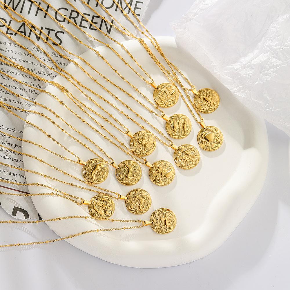 Stainless steel golden round twelve constellation coin embossed necklace light luxury niche design simple and versatile clavicle chain
