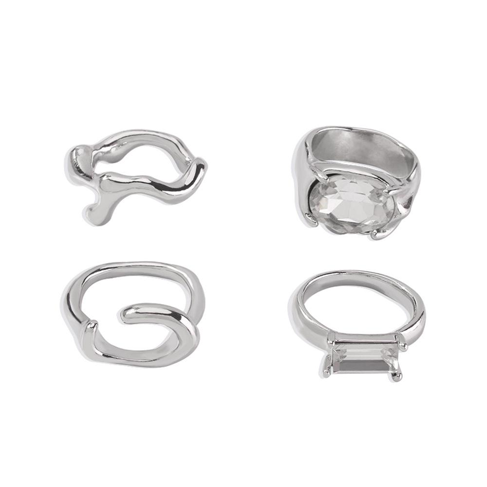 R648 Irregular Geometric Ring Set Simple Alloy Glass Diamond Temperament Minority Personality Ring Female