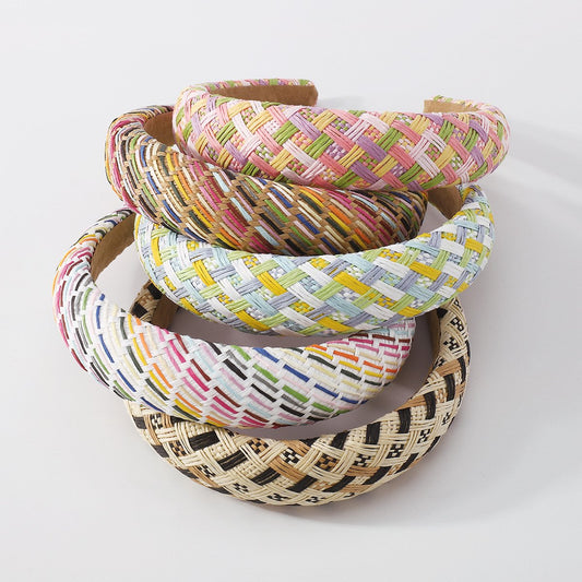 F4222 Fashion Color Contrasting Ethnic Headband Raffia Braided Sponge Headband Wide Brimming Simple Personality Hair Accessories for Women