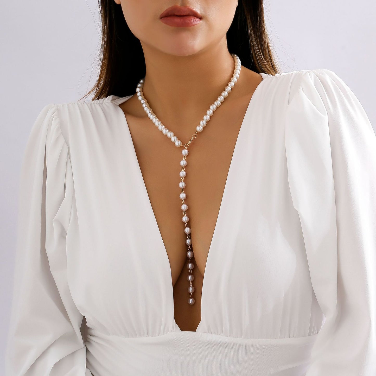 Jewelry Simple and Versatile Imitation Pearl Beaded Clavicle Necklace Fashion Retro Long Tassel Necklace