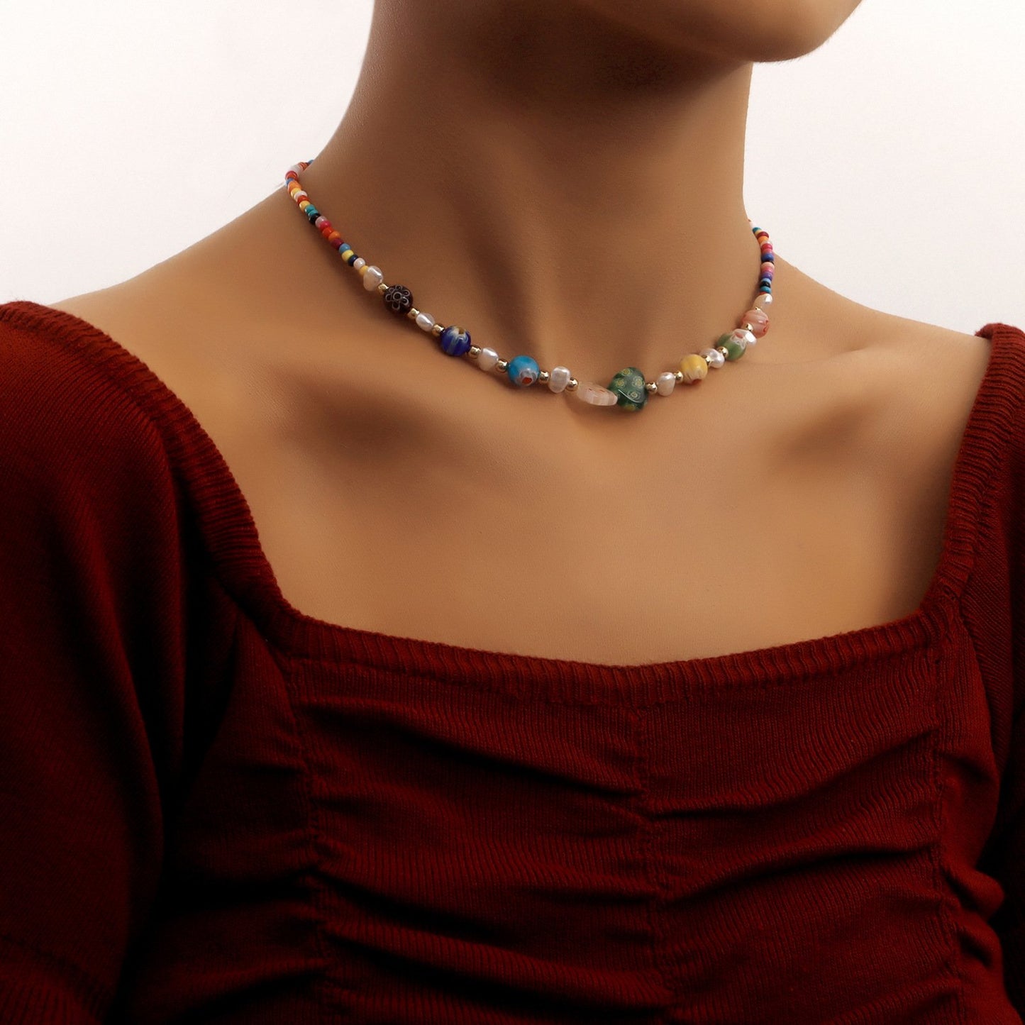 Jewelry Bohemian Fairy Color Rice Bead Glass Flower Love Freshwater Pearl Necklace Female