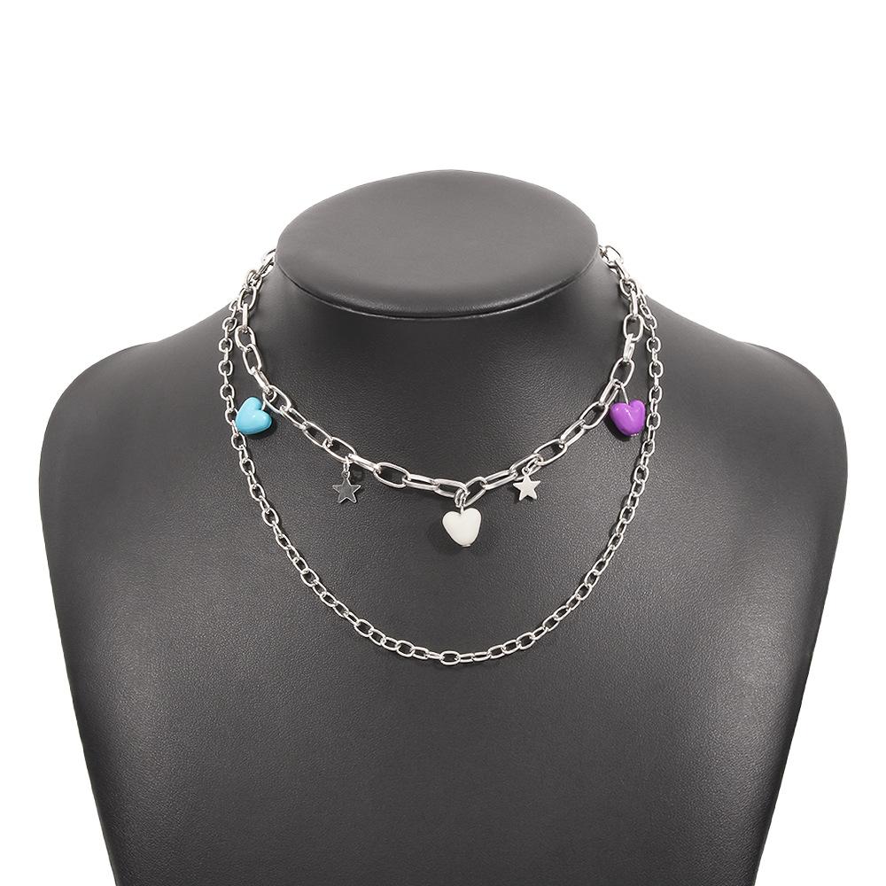 N9513 Personality Simple Double Layer Necklace Pentagram Resin Heart Necklace Geometric Sweet Cool Necklace for Women