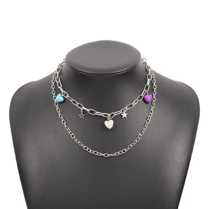 N9513 Personality Simple Double Layer Necklace Pentagram Resin Heart Necklace Geometric Sweet Cool Necklace for Women